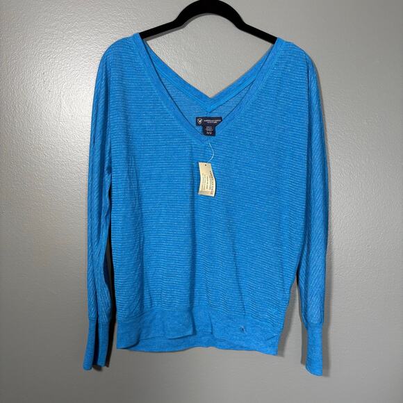 American Eagle NWT Women's Boxy Long Sleeve Blue Striped Tee - Small - Metallic - Picture 1 of 7